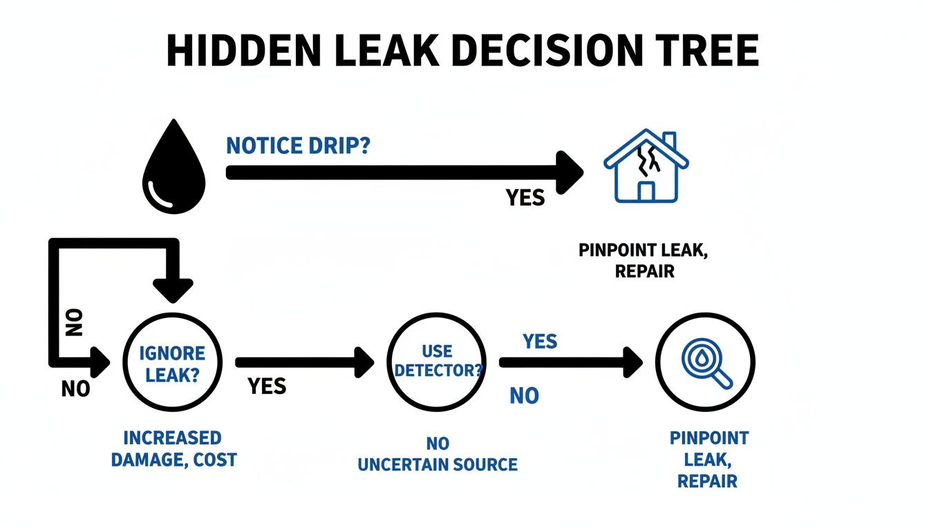 Decision tree illustrating steps for identifying and repairing hidden water leaks based on visual cues and detectors.