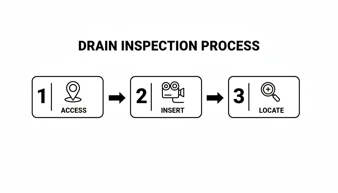Diagram illustrating the drain inspection process in three steps: 1. Access, 2. Insert, 3. Locate.