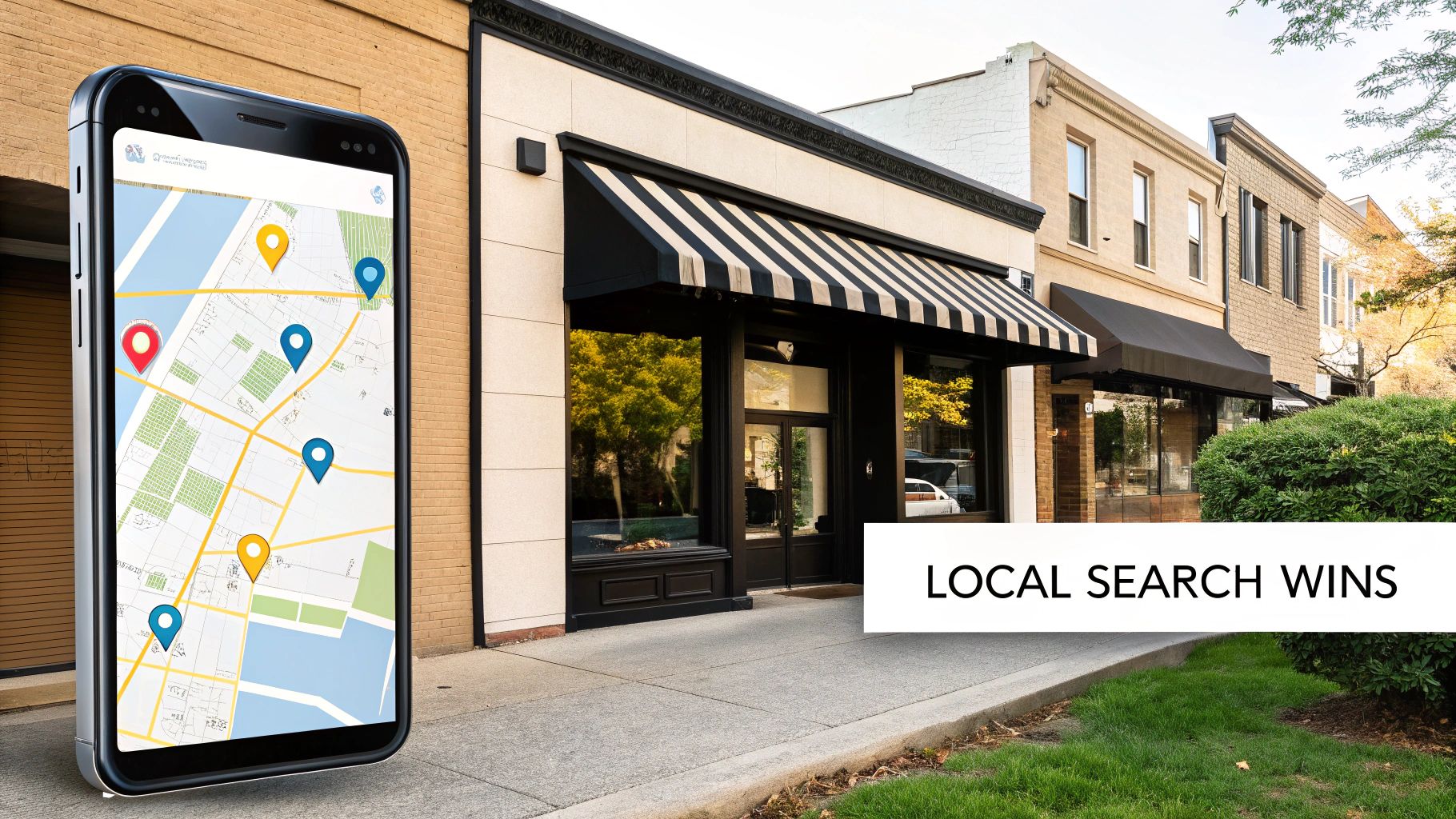 Smartphone displaying a map with colorful location pins, storefronts in background, emphasizing local search wins.