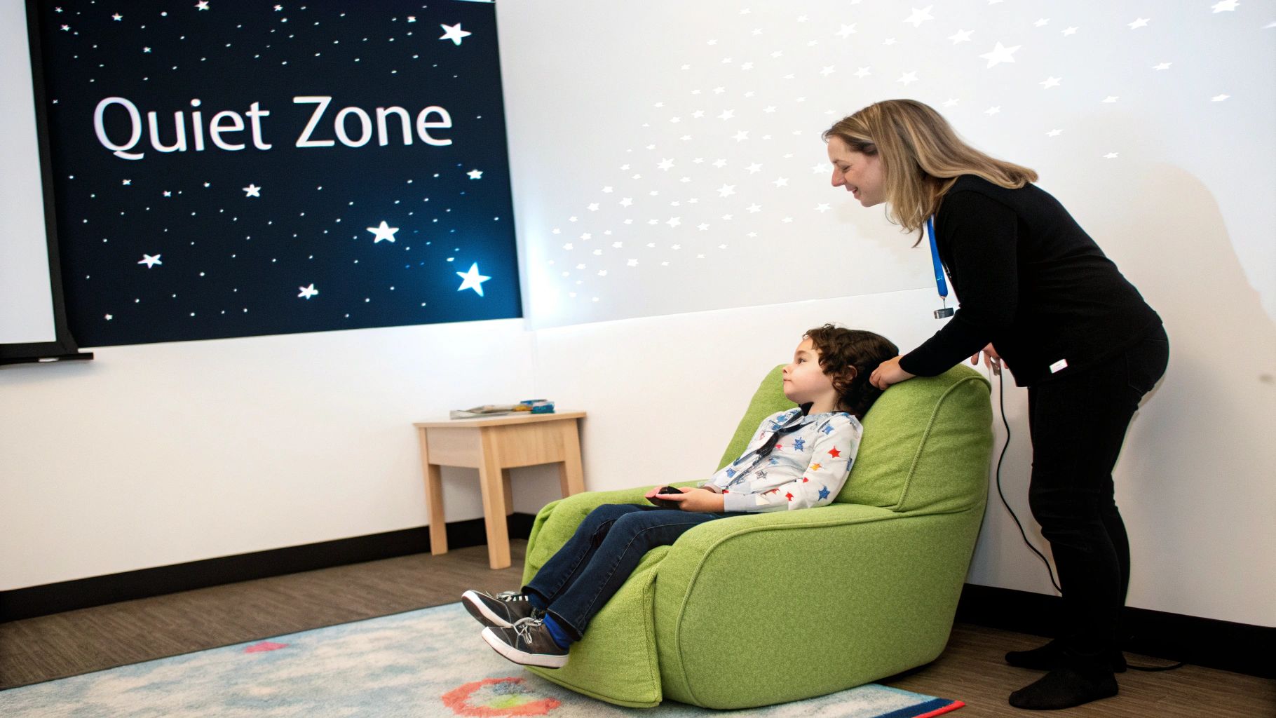 A child in a green chair in a 'Quiet Zone' with star projections, accompanied by an adult.