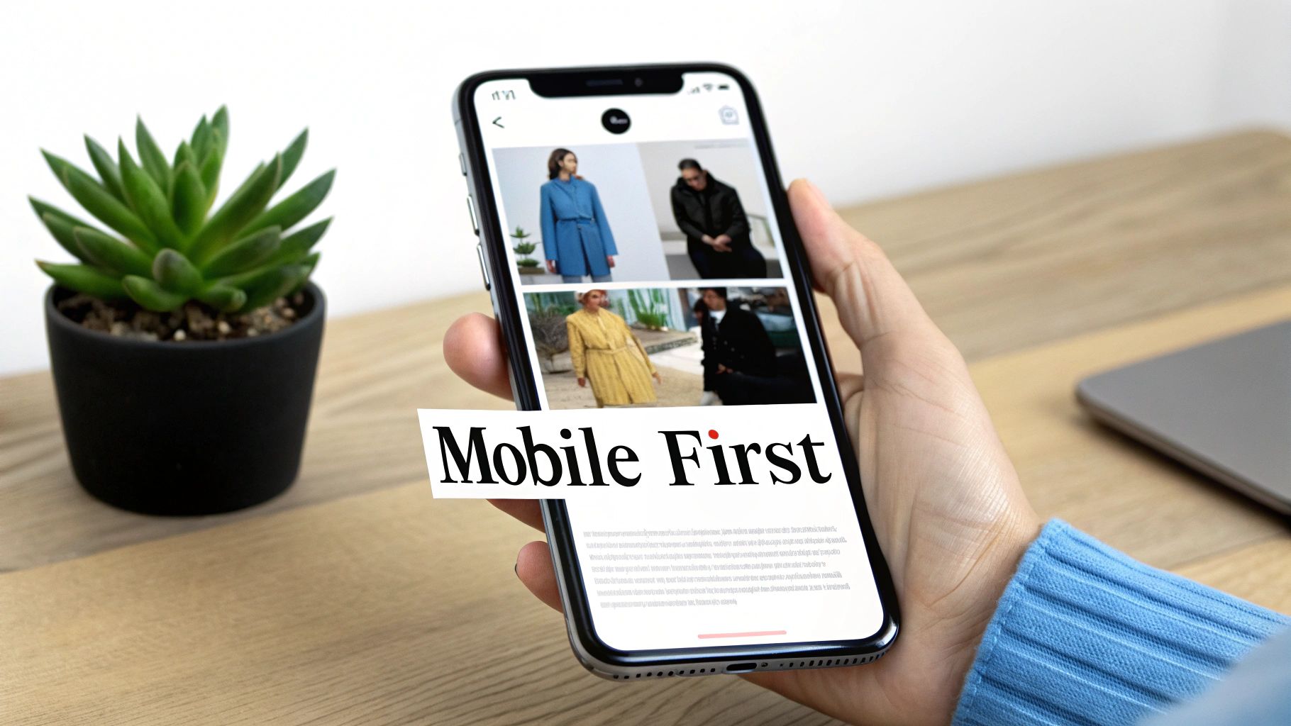 A hand holds a smartphone displaying a fashion e-commerce website with a 'Mobile First' overlay.