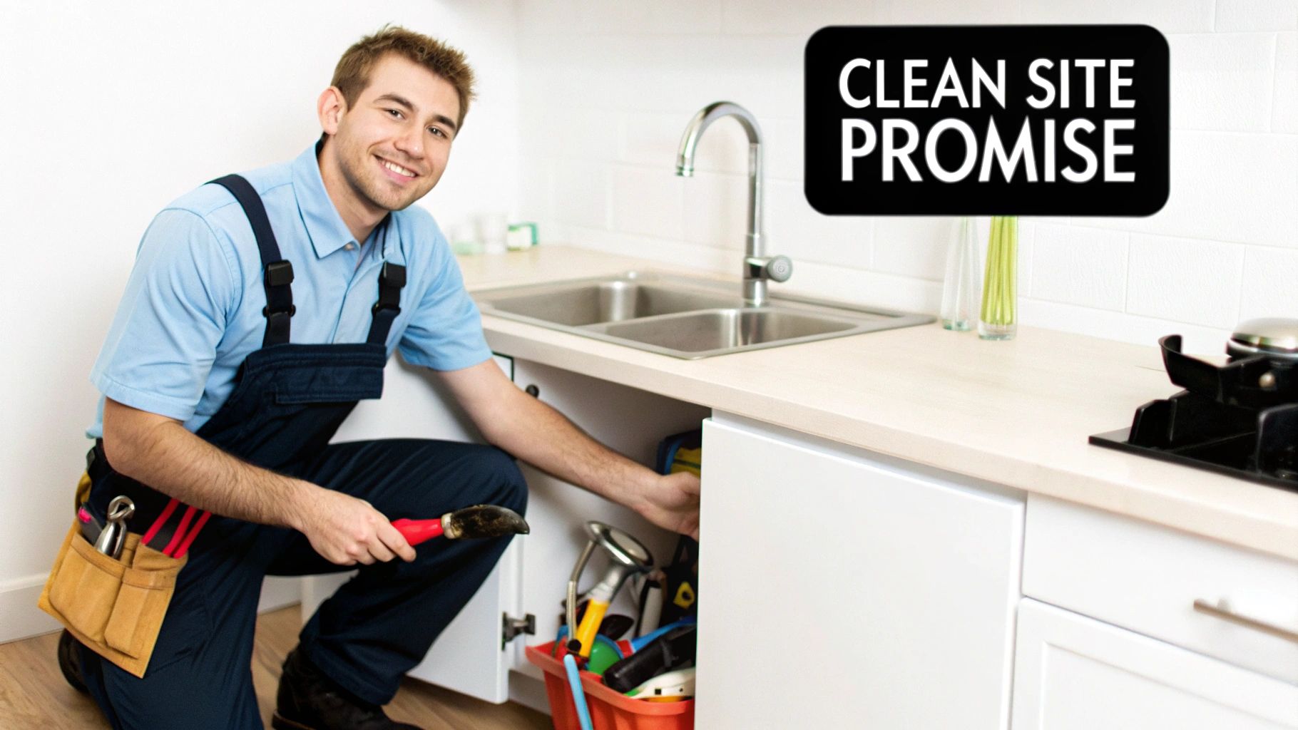 Smiling plumber working under a kitchen sink with tools. Text overlay: 'CLEAN SITE PROMISE'.