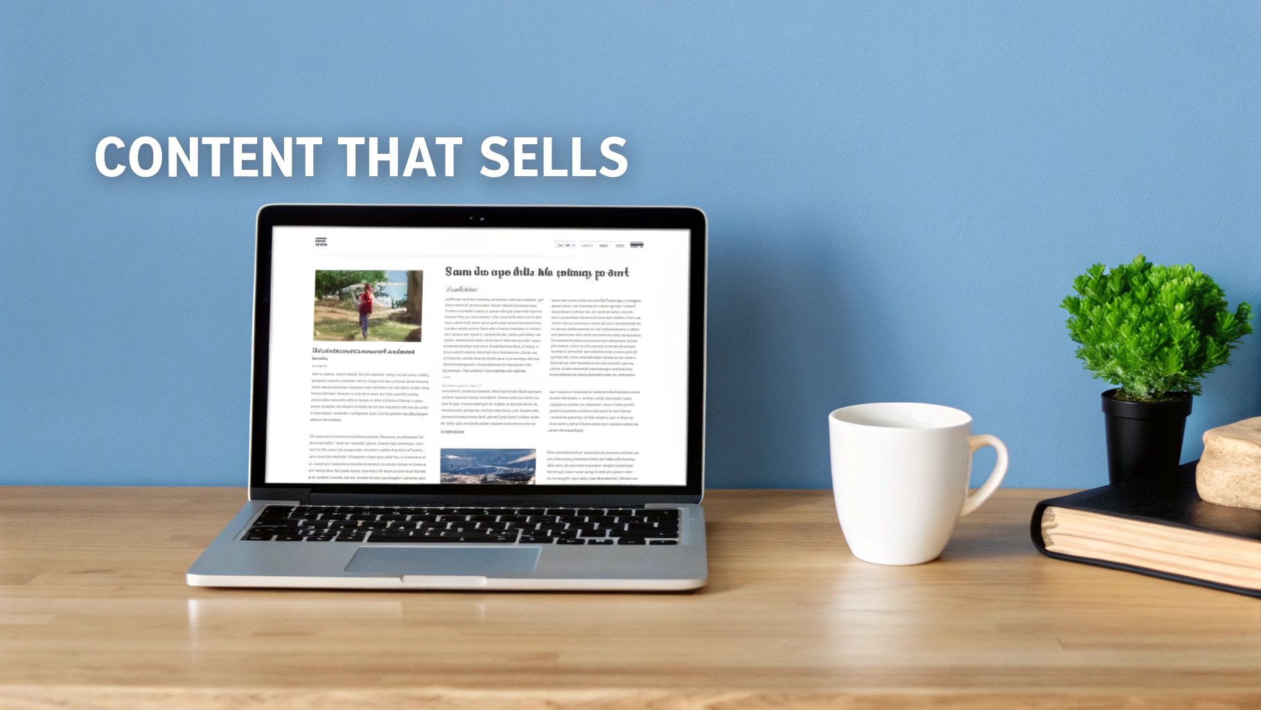 A person writing in anotebook at a desk with a laptop and coffee, planning content.