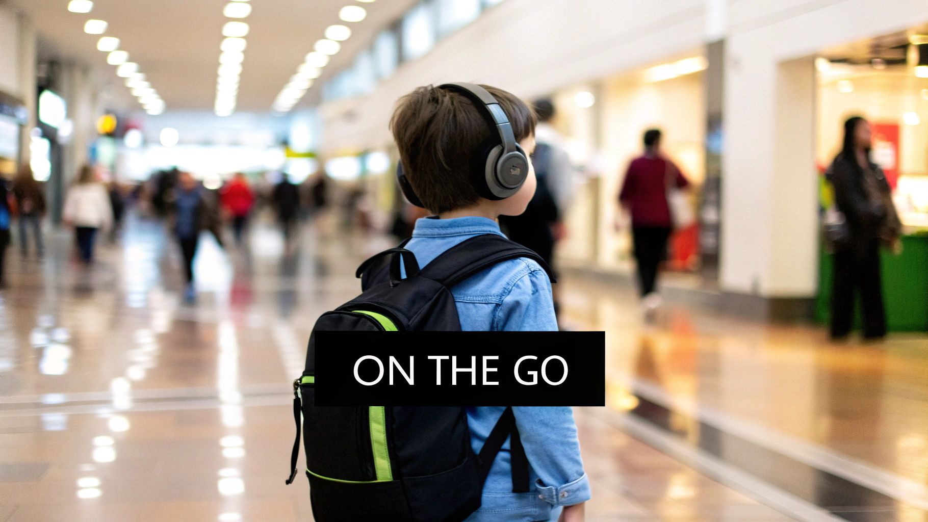 A young child wearing headphones and a backpack walks through a busy, blurred public corridor.