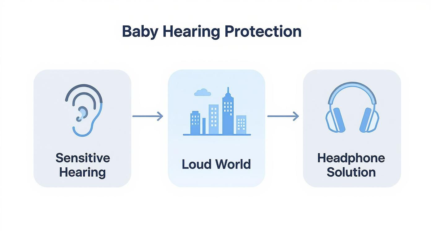 Flowchart explaining baby hearing protection: sensitive ears, loud world, and headphone solution.