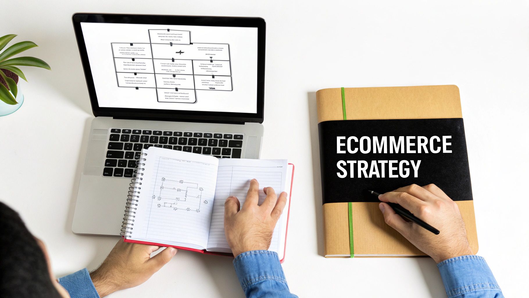 Overhead view of a person planning an e-commerce strategy with a laptop and notebooks.