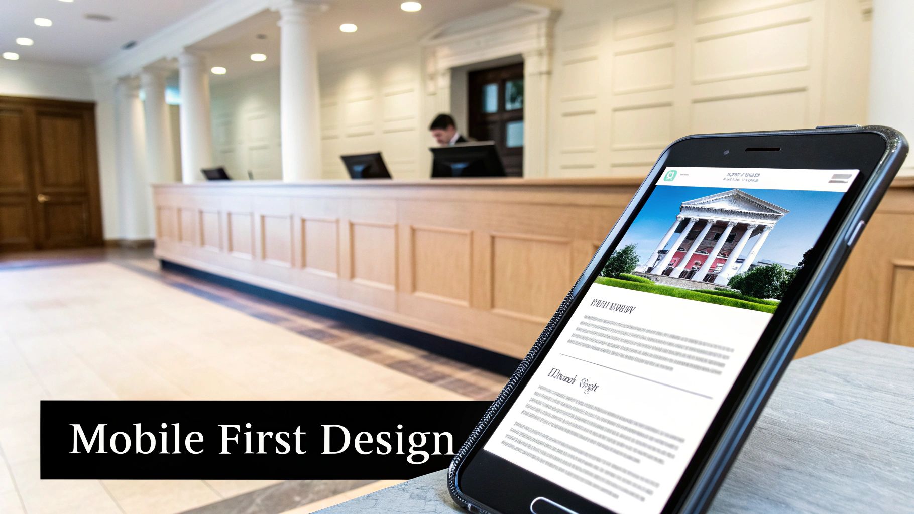 Smartphone displaying a website with a classical building, demonstrating mobile-first design in a modern lobby.