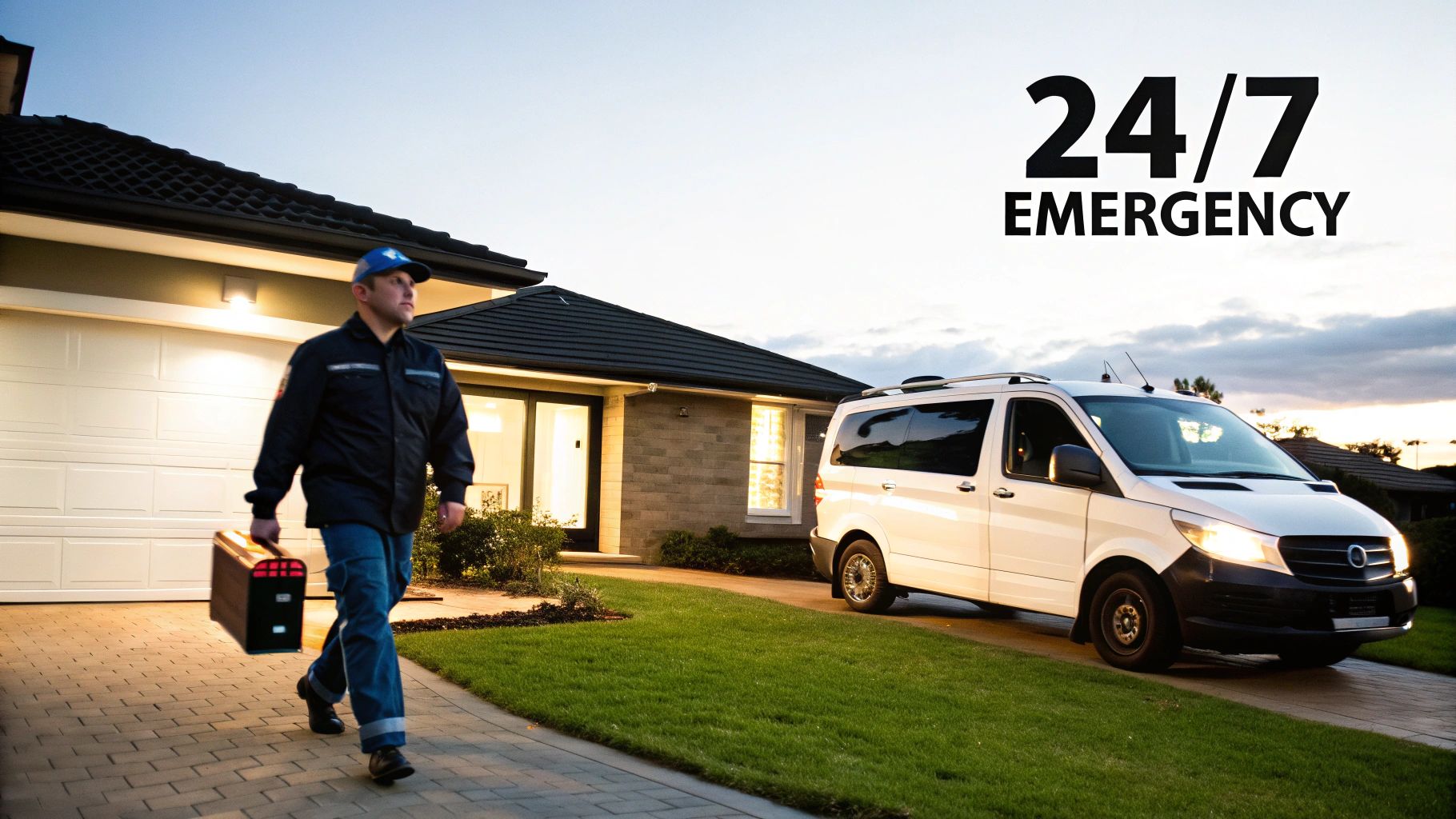 A plumber carrying tools approaches a house with a service van parked outside, offering 24/7 emergency service.