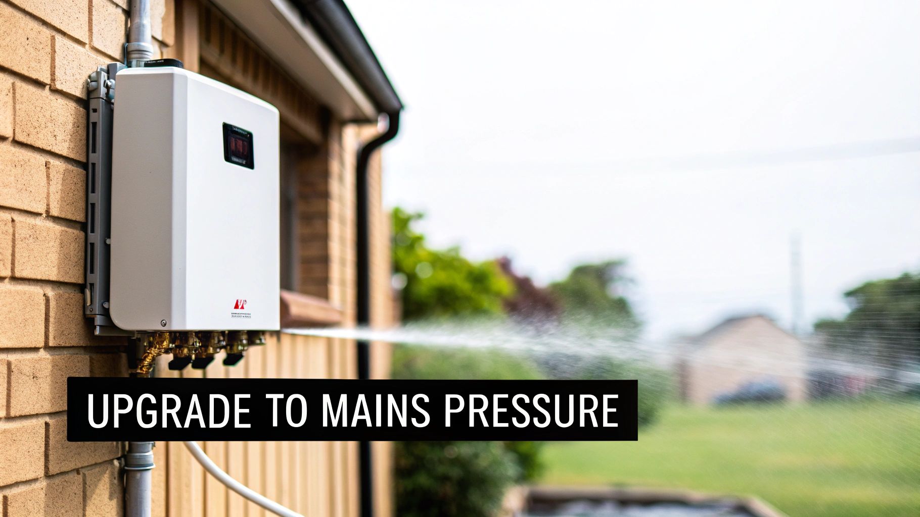 White outdoor hot water heater on a brick wall, spraying water, with "UPGRADE TO MAINS PRESSURE" text.