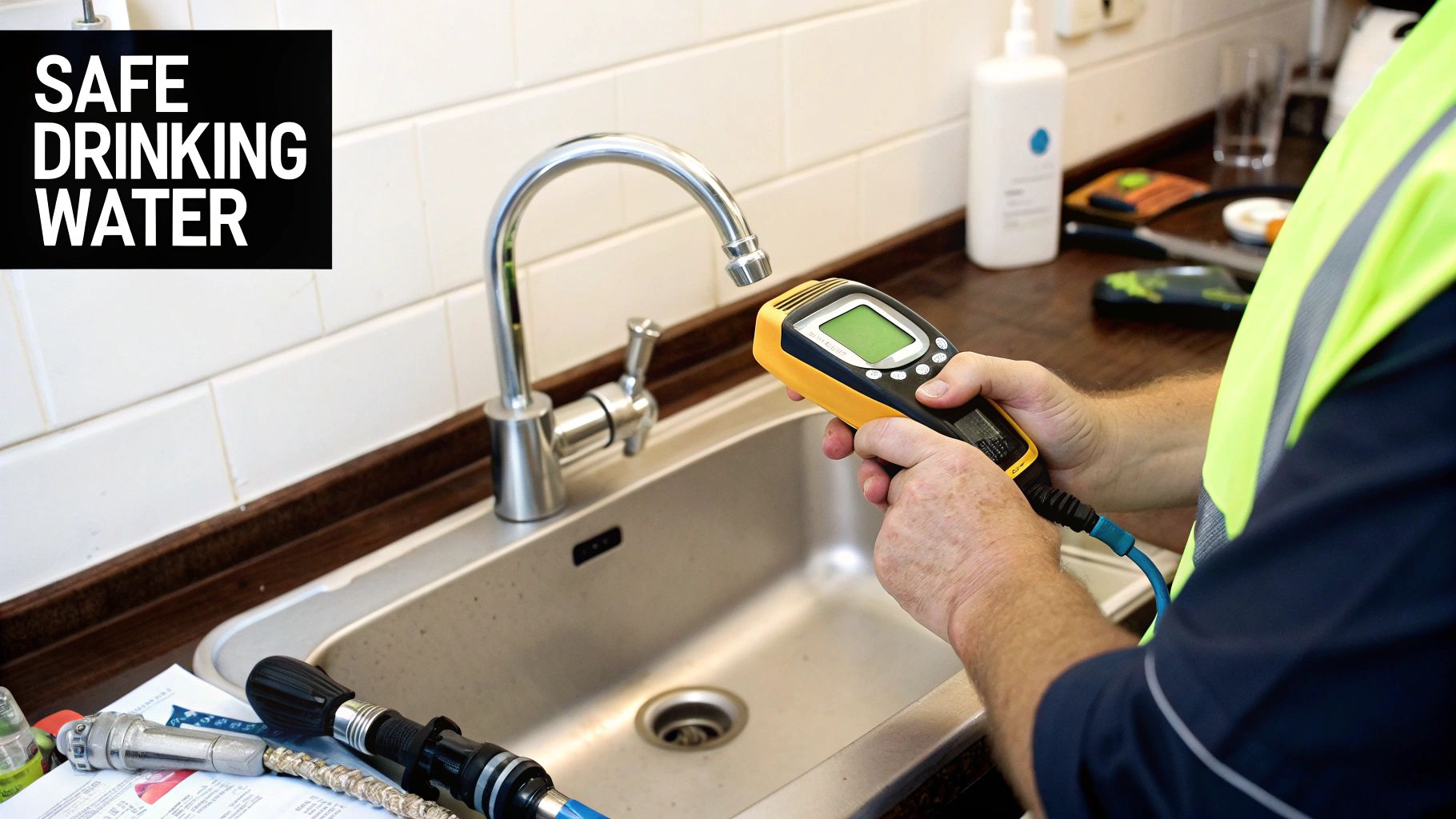 A technician tests kitchen tap water quality with a device, with a 'SAFE DRINKING WATER' sign.
