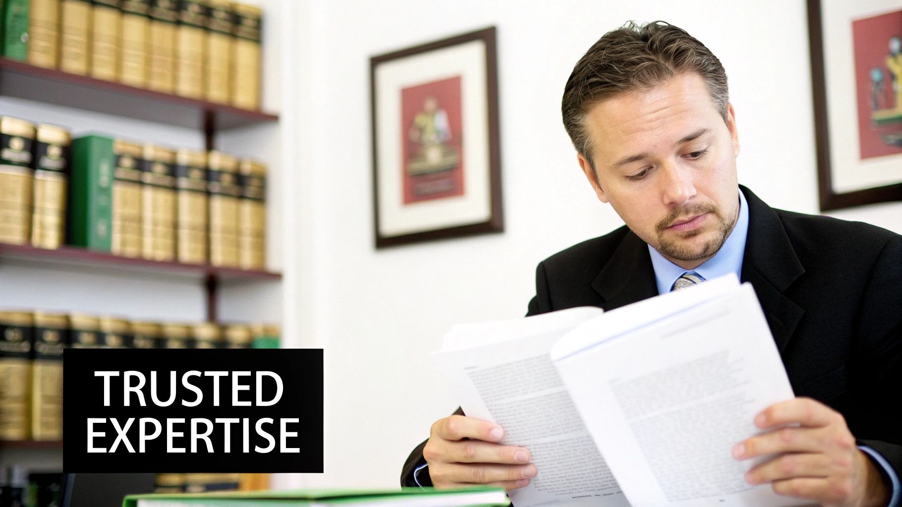 A man in a suit reads documents in an office with bookshelves in the background.