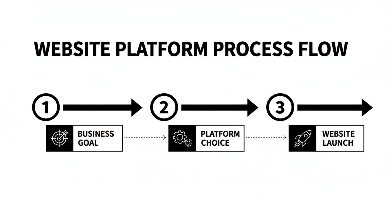 A three-step website platform process flow: Business Goal, Platform Choice, and Website Launch.