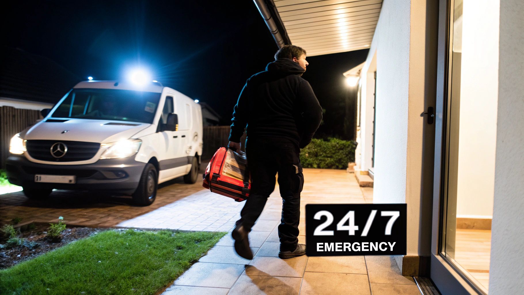 A technician with a tool bag approaches a house at night, ready for 24/7 emergency service from a parked white van.