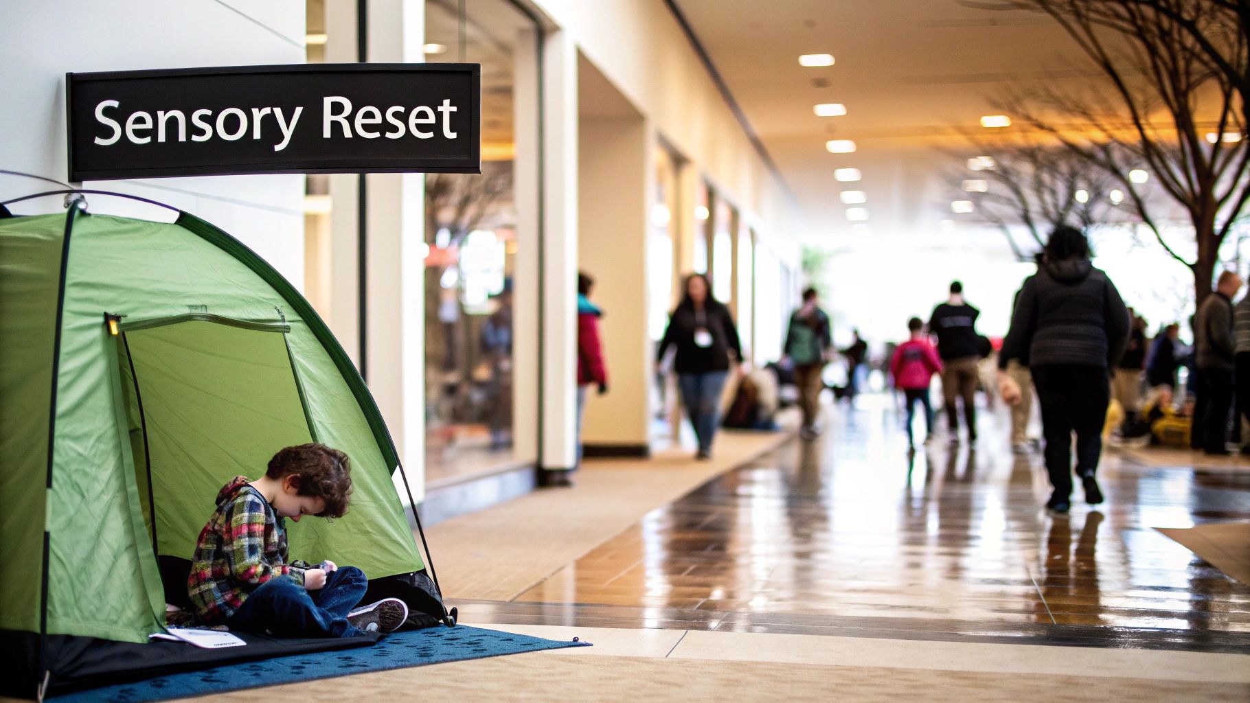 A child sits inside a small green sensory tent, looking down at a device, in a bustling hallway beneath a "Sensory Reset" sign.