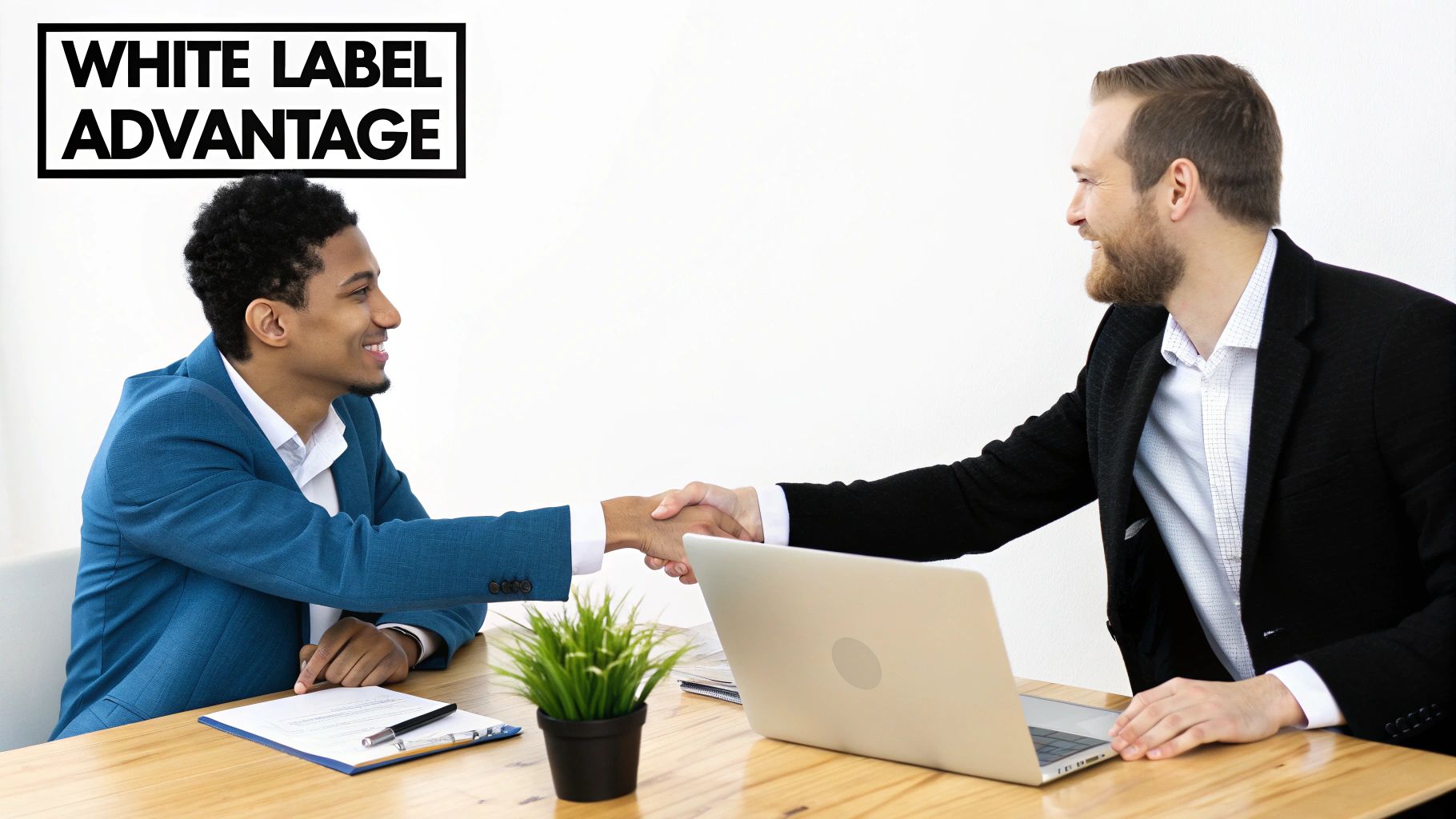 Two diverse businessmen shaking hands in a meeting, symbolizing a white label partnership.