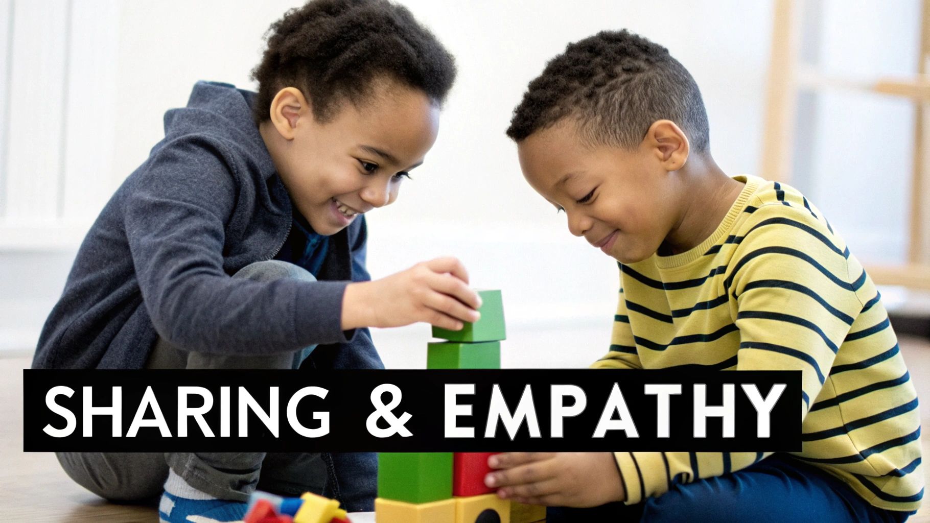 Two happy young boys playing with colorful building blocks, smiling and engaged in shared activity.