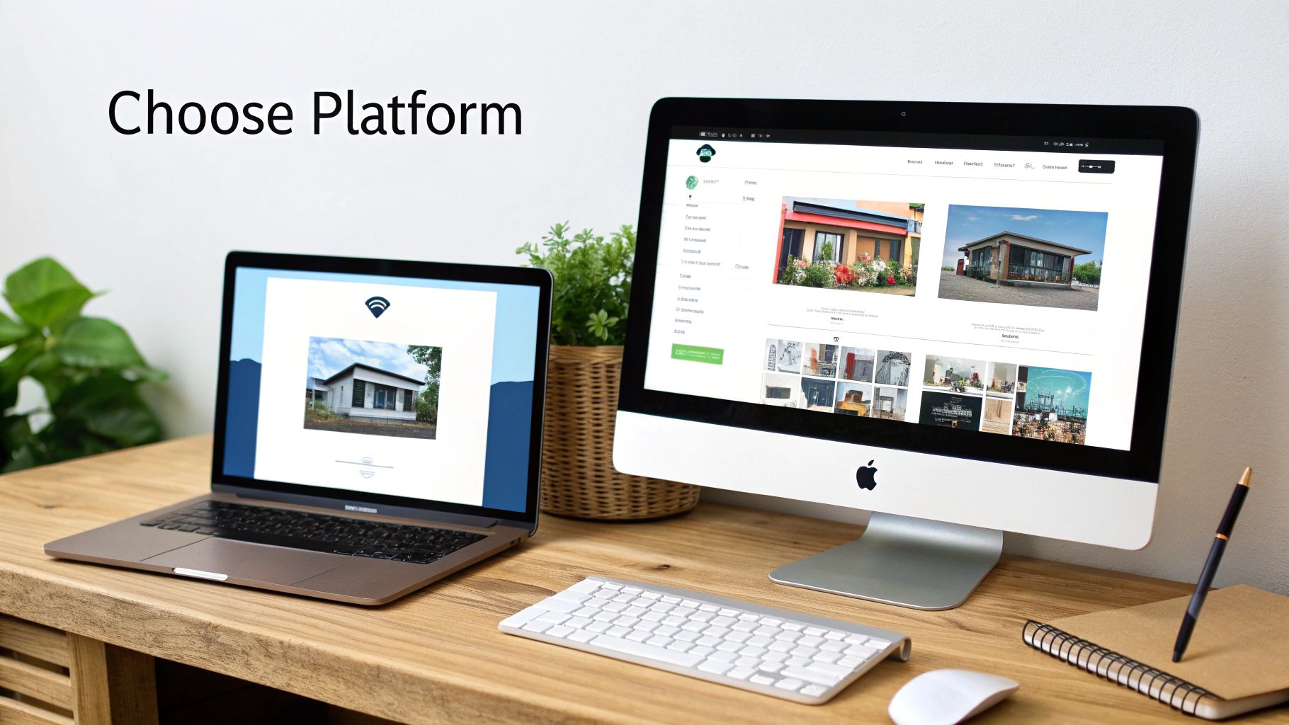 A modern workspace with a laptop and an iMac showing real estate images on a wooden desk.