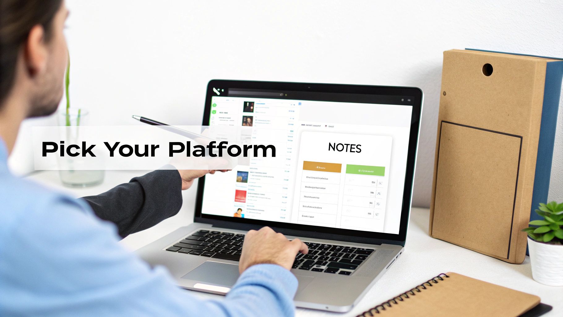 A person points with a pen at a laptop screen showing 'Pick Your Platform' and notes.