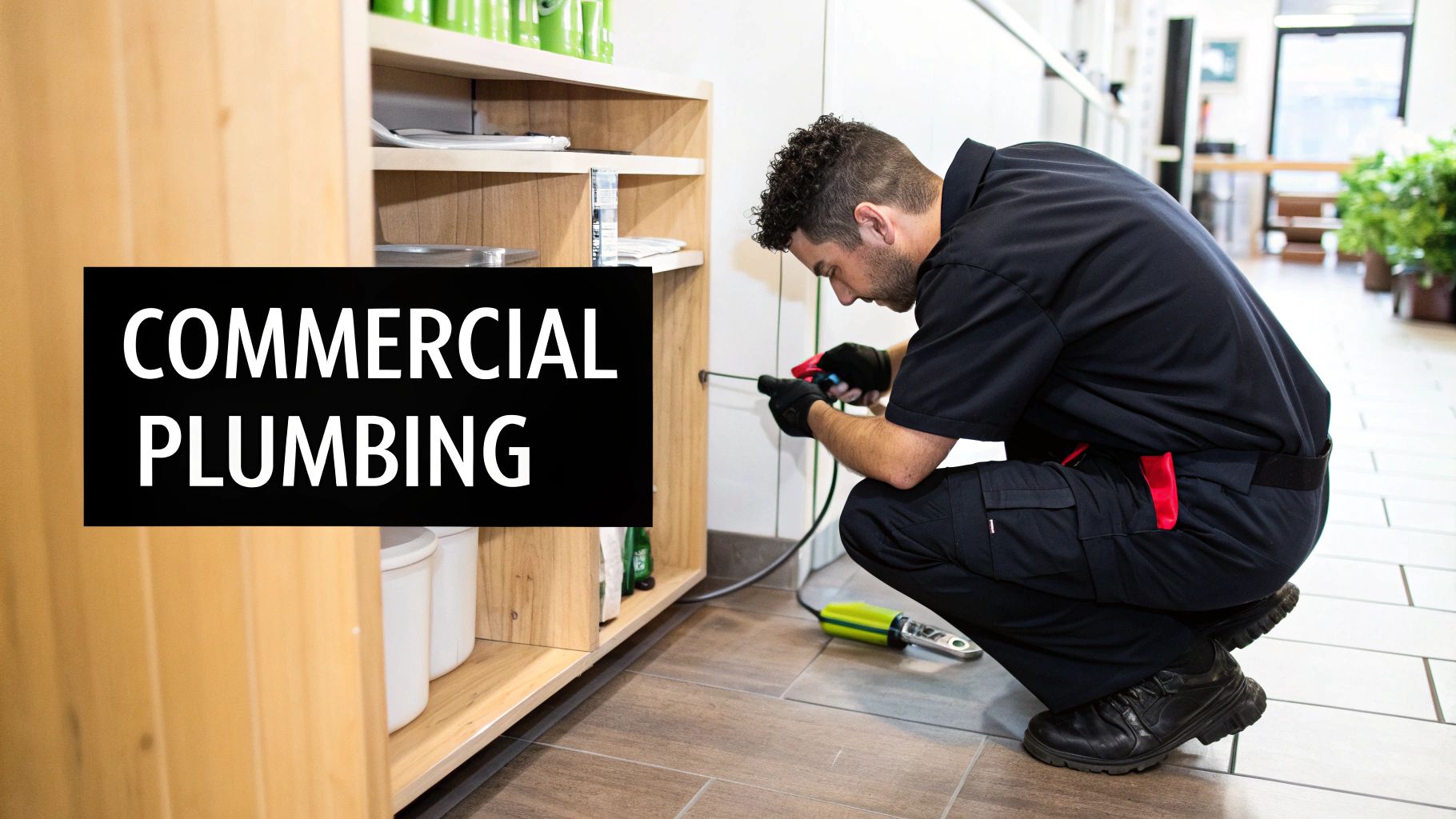 A skilled commercial plumber expertly installs or repairs a fixture in a modern building.
