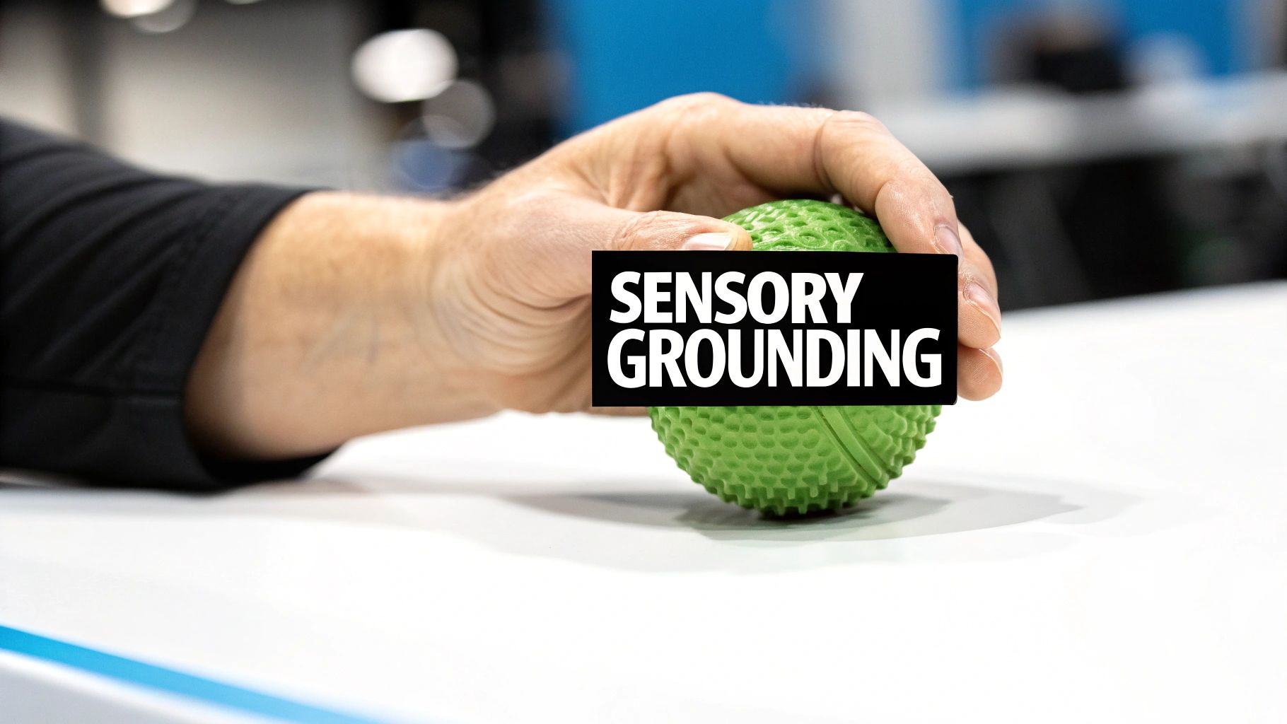 A hand holds a green spiky stress ball with a black overlay text 'SENSORY GROUNDING'.