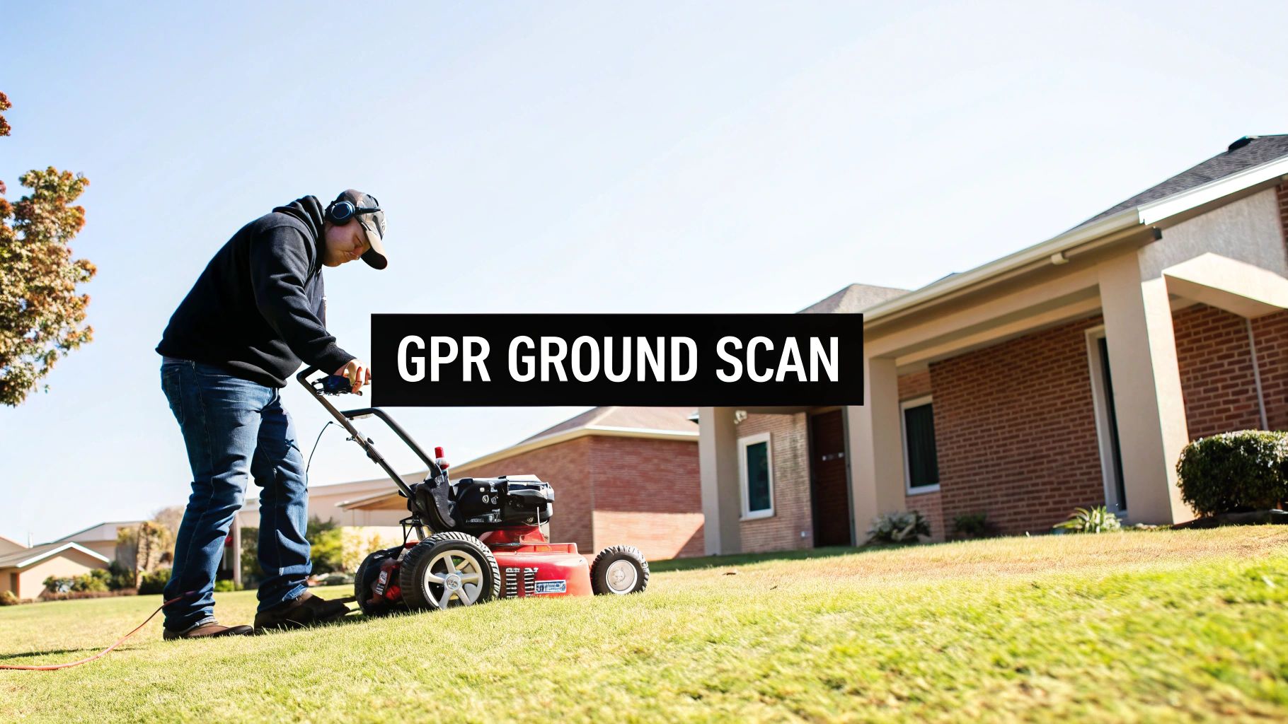 A person in headphones operates a ground penetrating radar (GPR) device on a residential lawn.