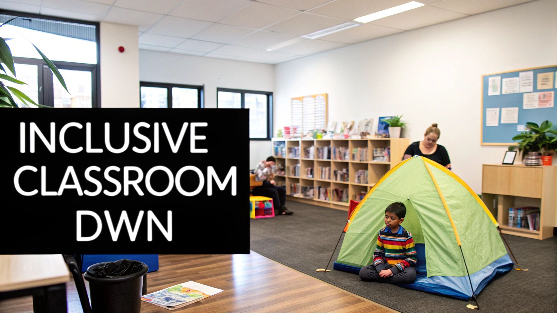 A boy sits calmly inside a green sensory tent in an inclusive classroom with an adult nearby.