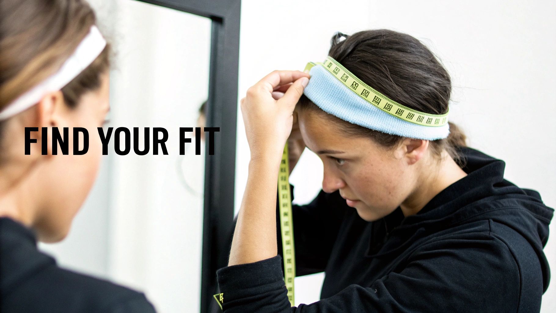 A woman measures her head over a light blue sports headband with a tape measure, finding her fit.