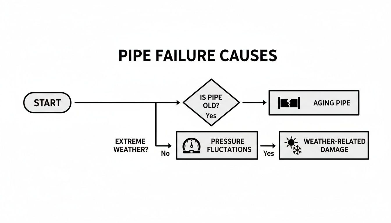A flowchart detailing common causes of pipe failure, including aging pipes, pressure fluctuations, and weather-related damage.