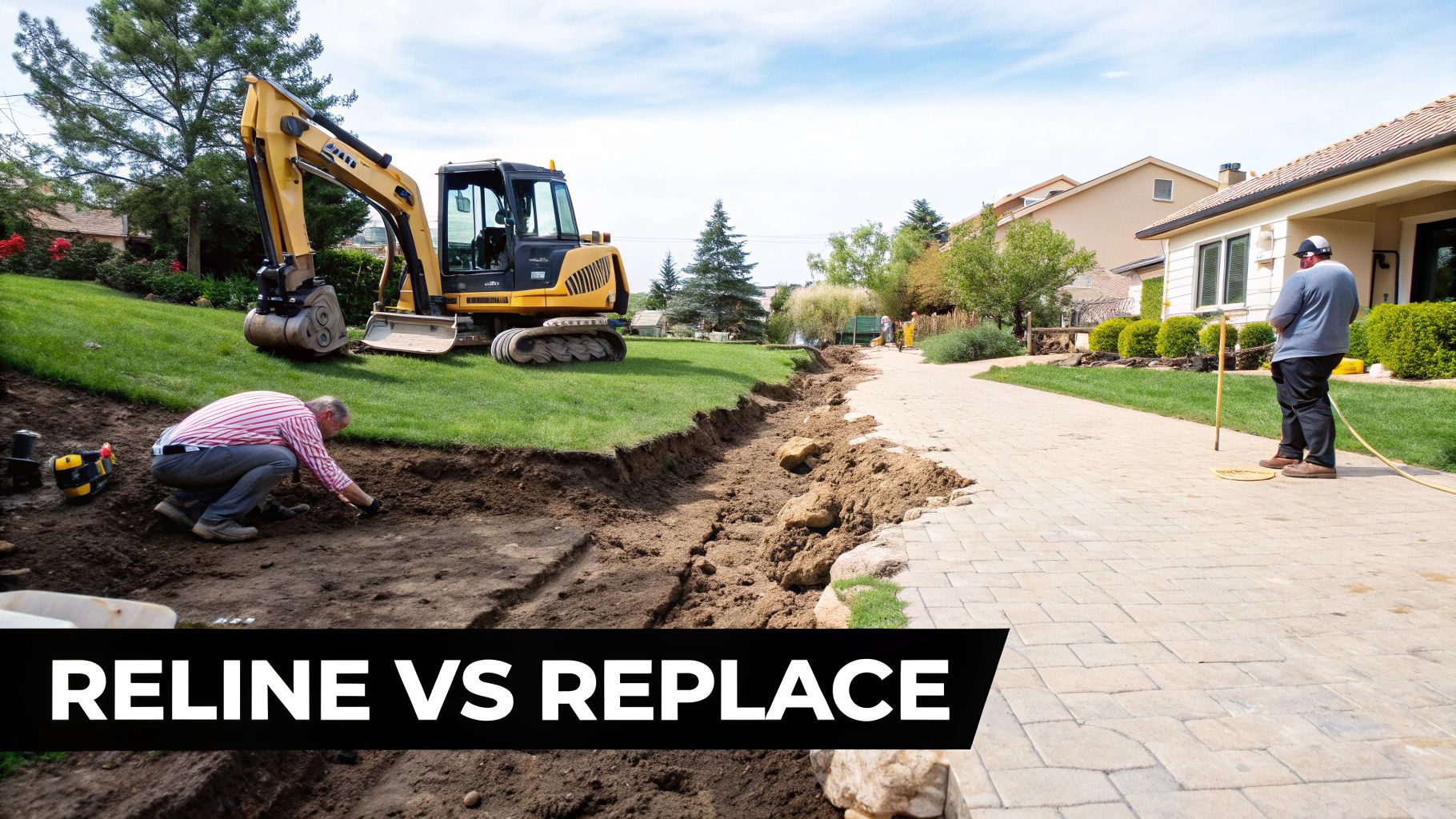 Construction site with an excavator, men digging a trench, and a paved path, illustrating pipe repair options.