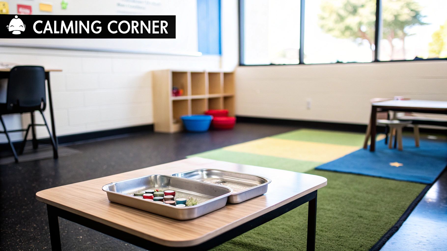 A colorful classroom calming corner with trays of fine motor activity materials on a wooden table.