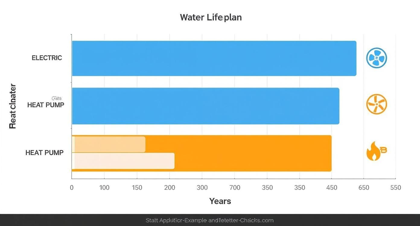 Horizontal bar chart illustrating the lifespan of electric and gas heat pump water heaters in years.