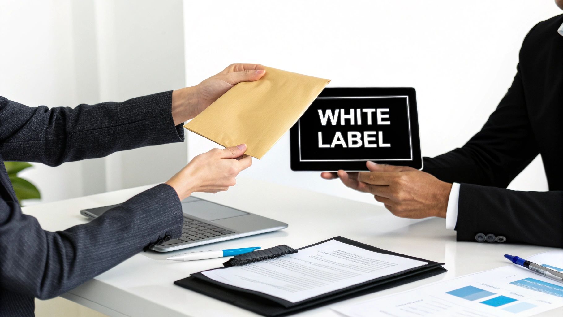 Two business people exchange an envelope, one holding a tablet displaying 'WHITE LABEL' in a meeting.