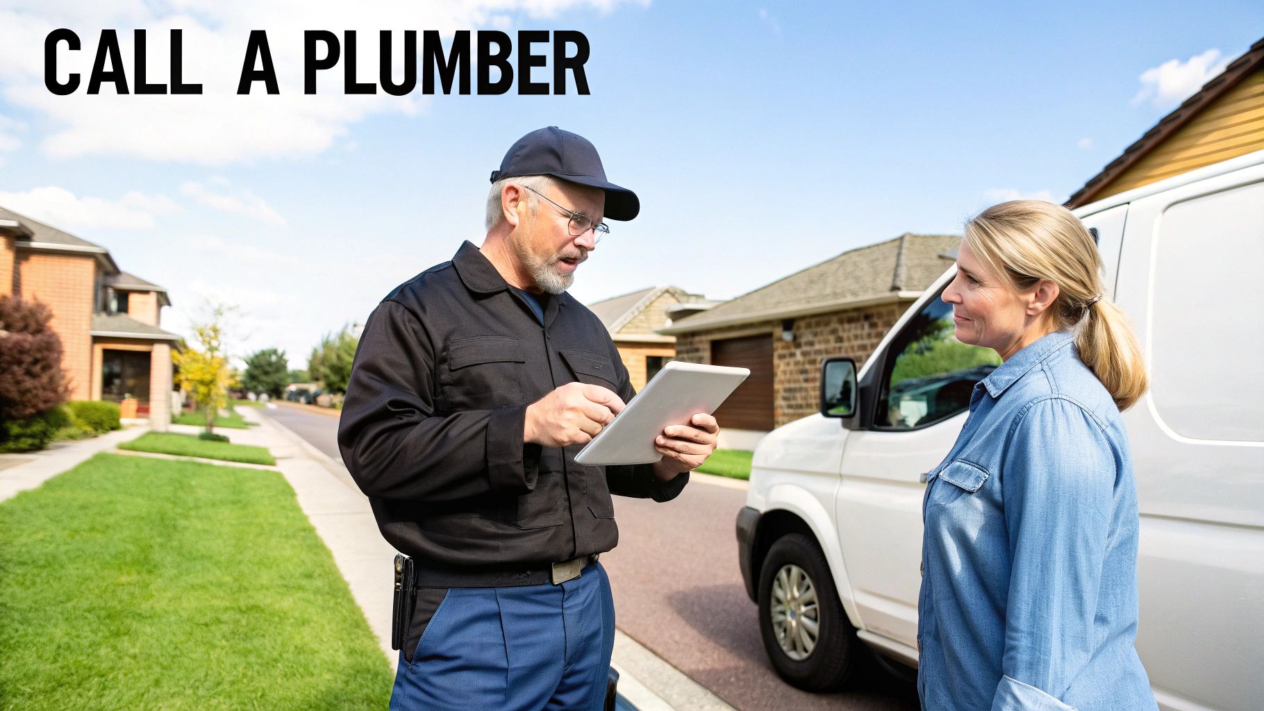 A plumber in uniform shows a tablet to a female homeowner next to a white service van.