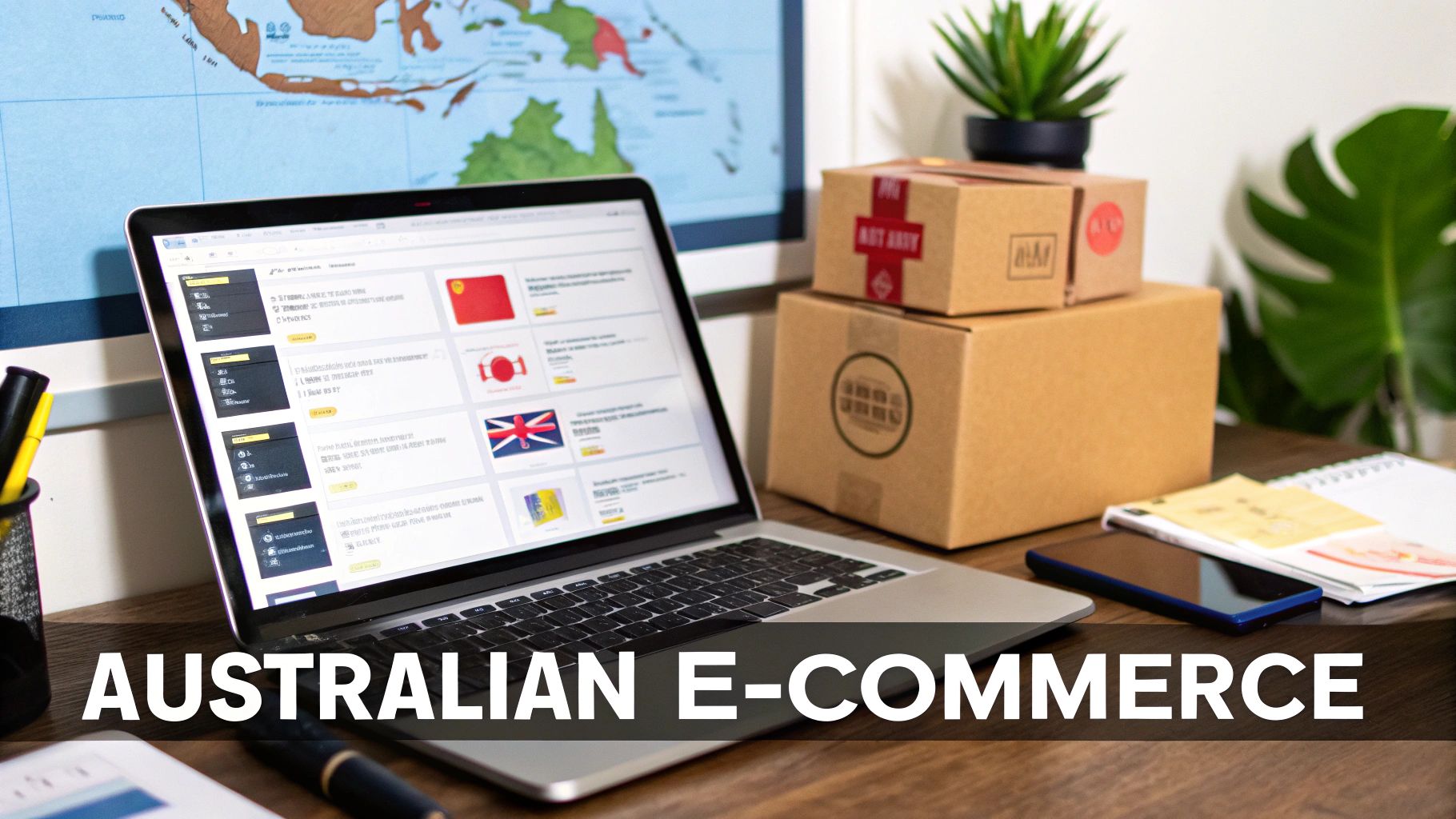 A laptop displaying e-commerce data and flags, next to shipping boxes, representing online business.