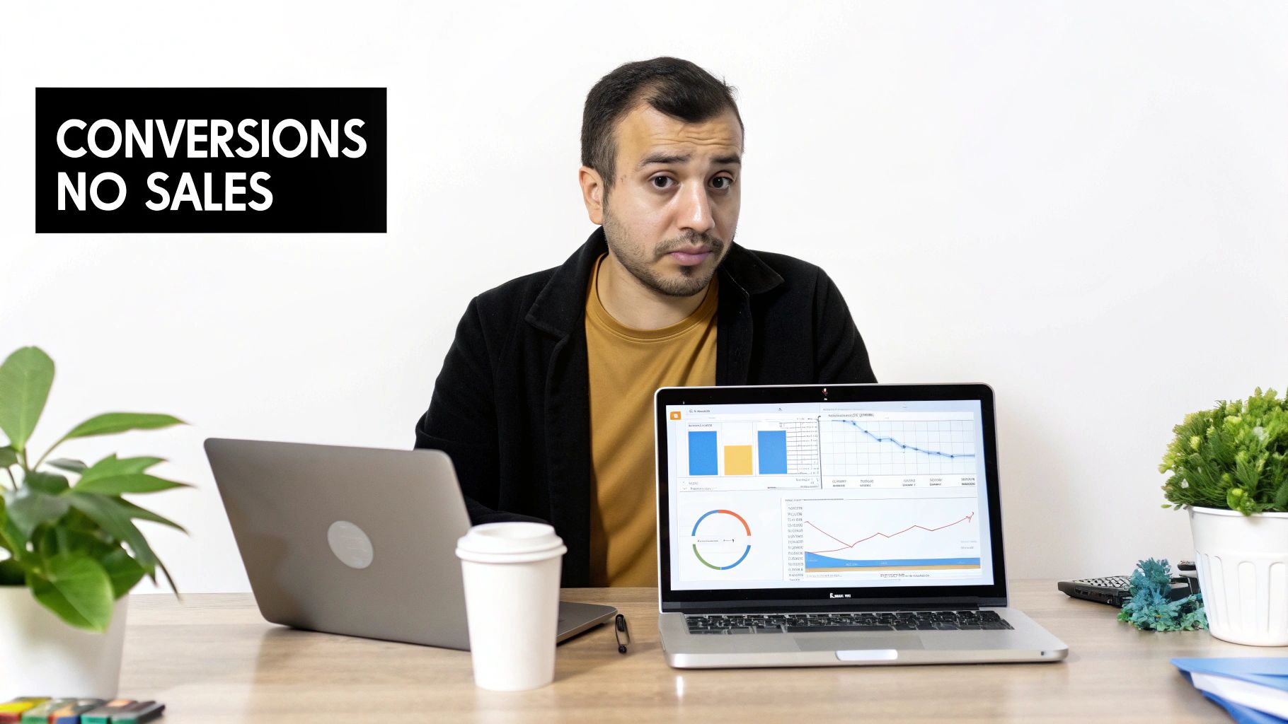 A concerned man at a desk with two laptops showing data, looking at a 'Conversions No Sales' sign.