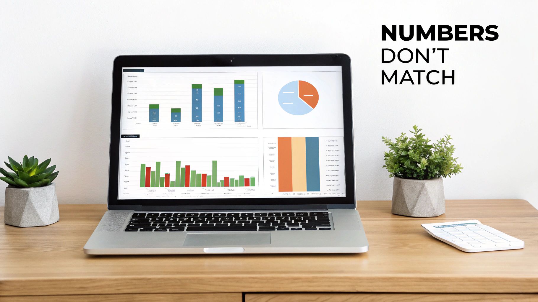 A laptop on a wooden desk displaying data charts, graphs, and 'NUMBERS DON'T MATCH' text on the wall.