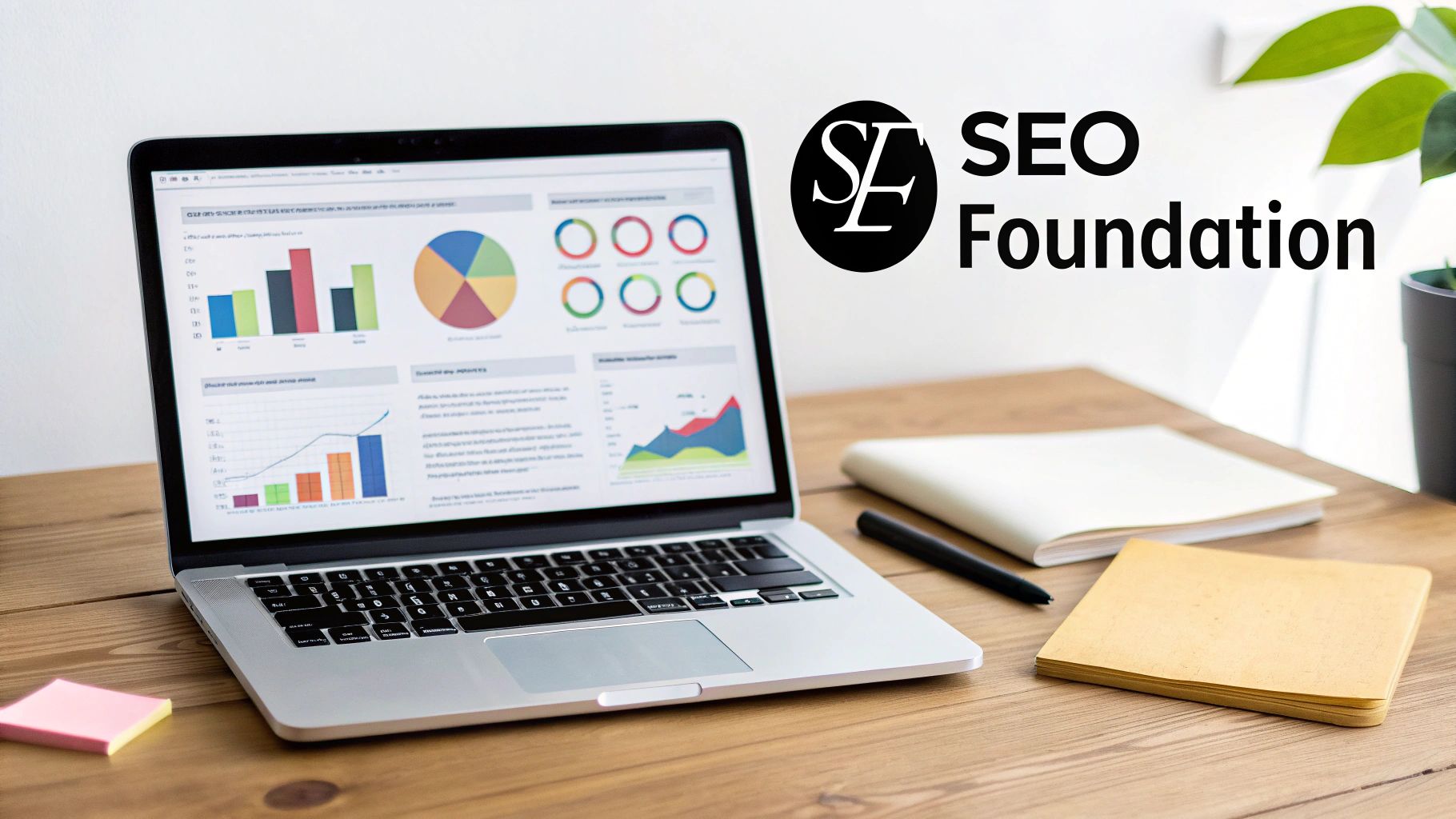 Laptop displaying SEO data charts and graphs, next to a 'SEO Foundation' logo.