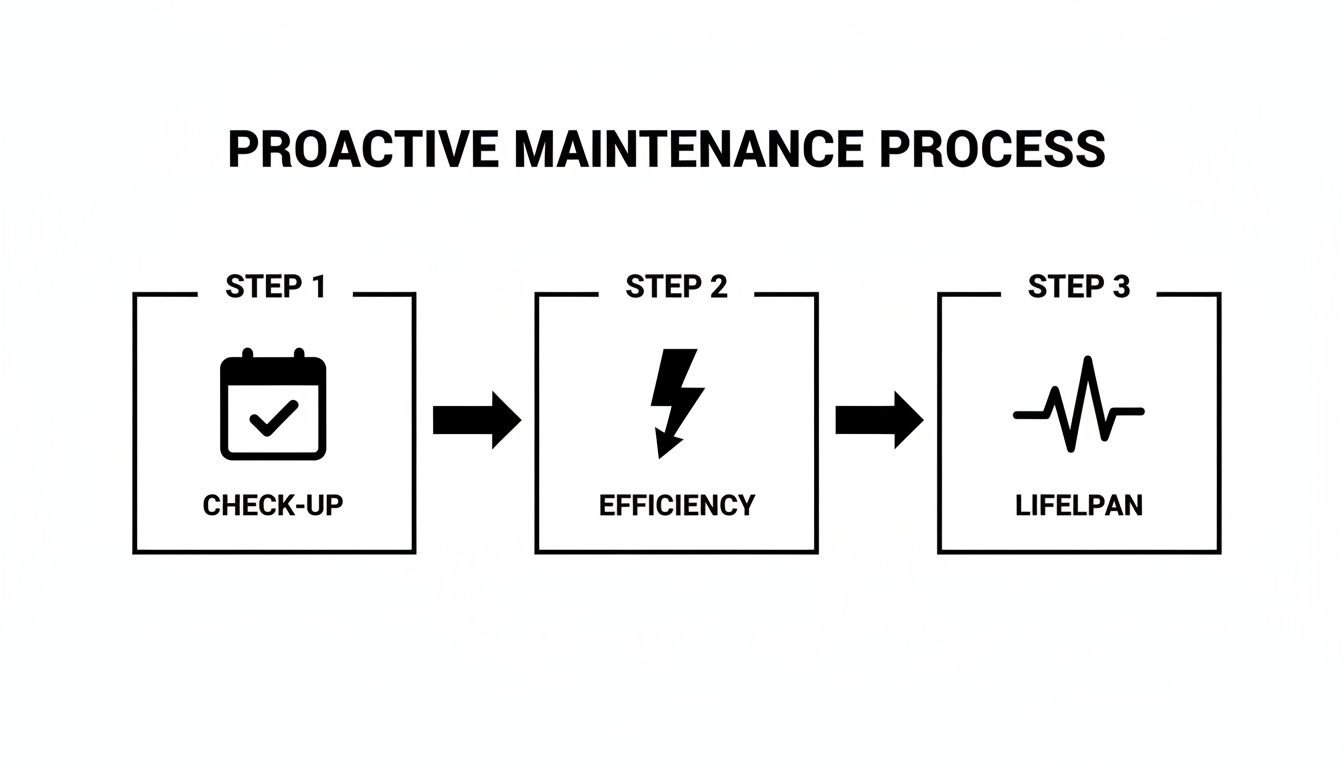 A flowchart shows the proactive maintenance process, covering check-up, efficiency, and lifespan steps.