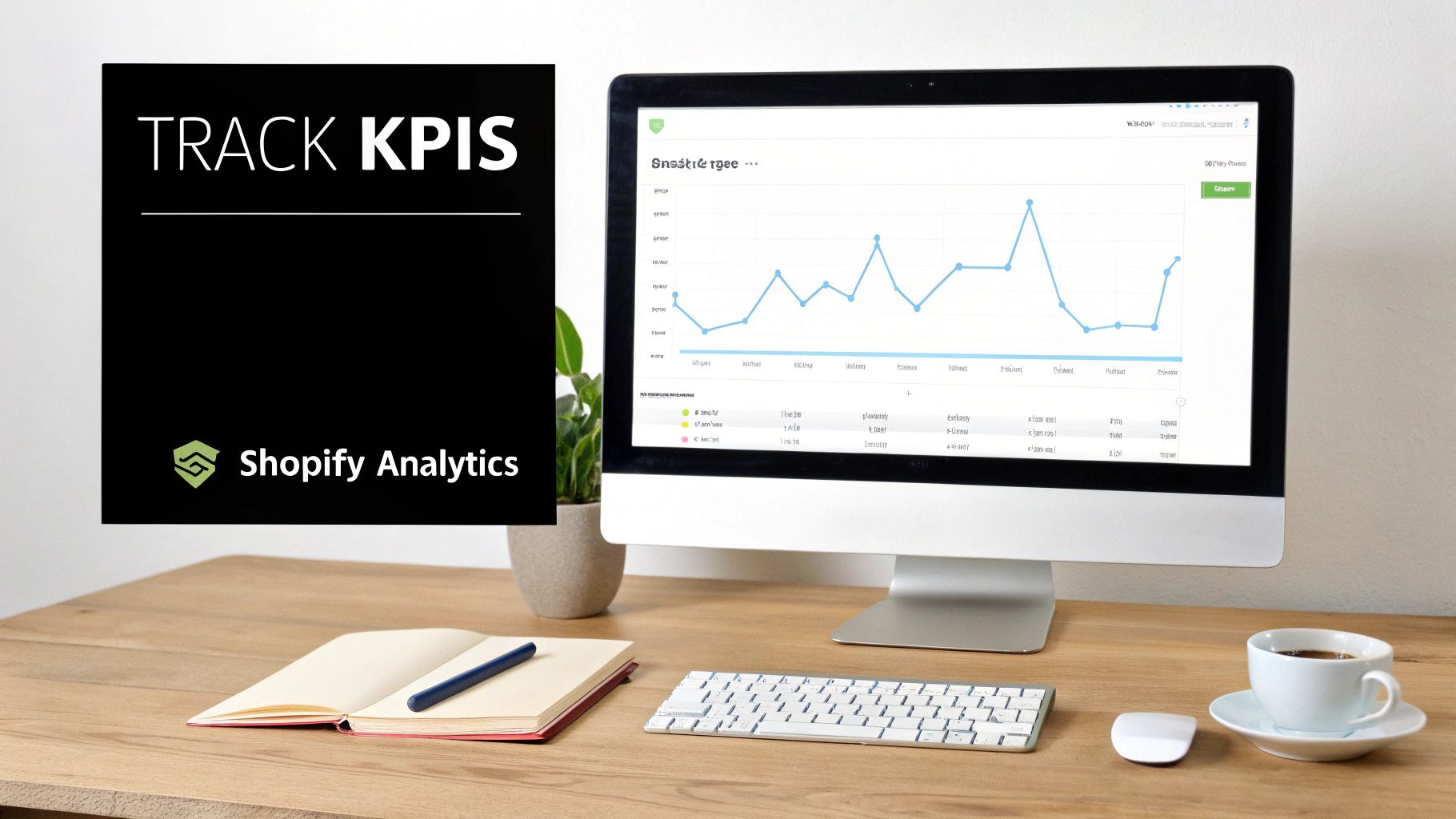 A computer displaying Shopify Analytics data, a notebook, and a coffee cup on a wooden desk.
