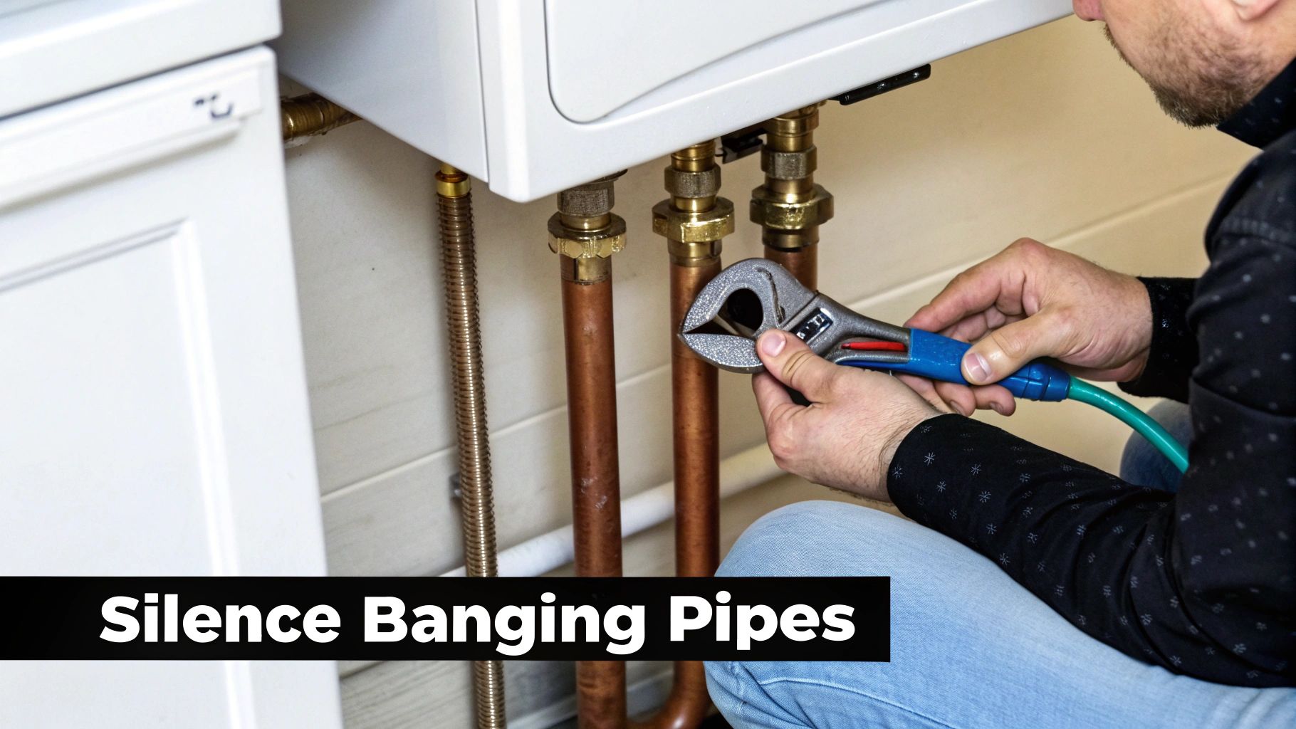 A person uses a wrench to work on copper pipes connected to a boiler or water heater, addressing banging pipes.