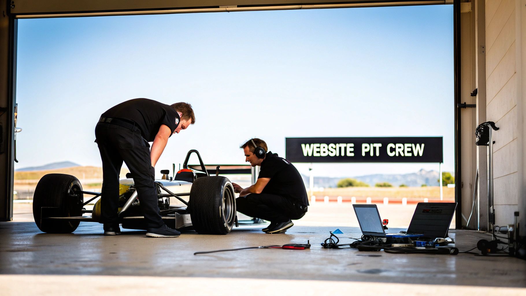 Two pit crew members in black shirts work on a race car in a garage with laptops.
