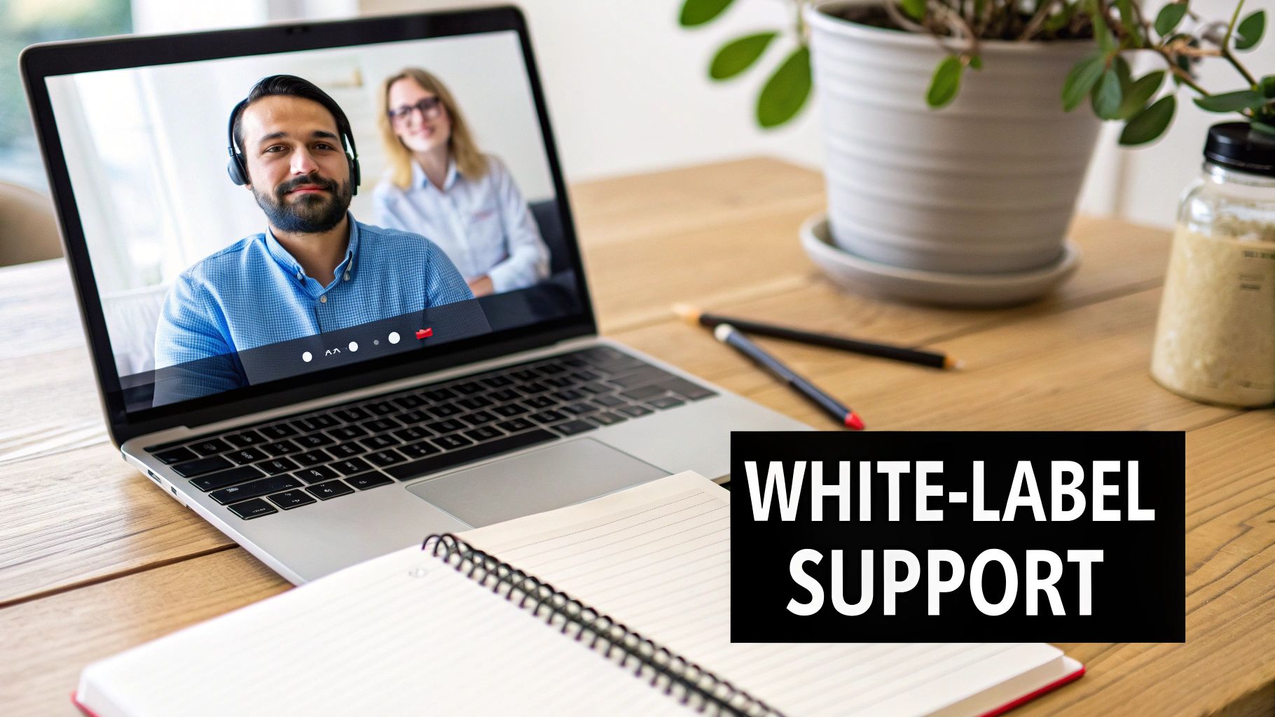 Laptop displaying a video call with two people, a notebook, and text: White-Label Support.