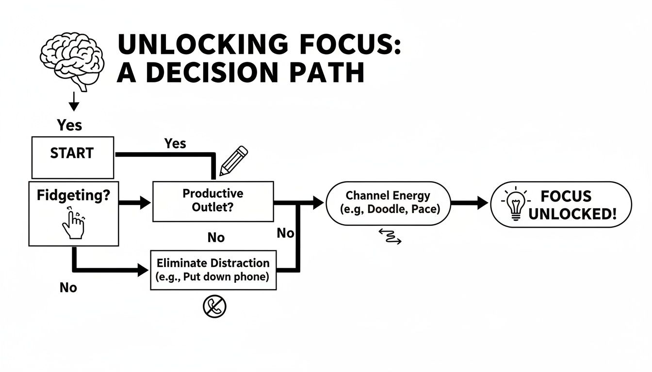 A flowchart detailing a decision path for unlocking focus, addressing fidgeting and distractions.