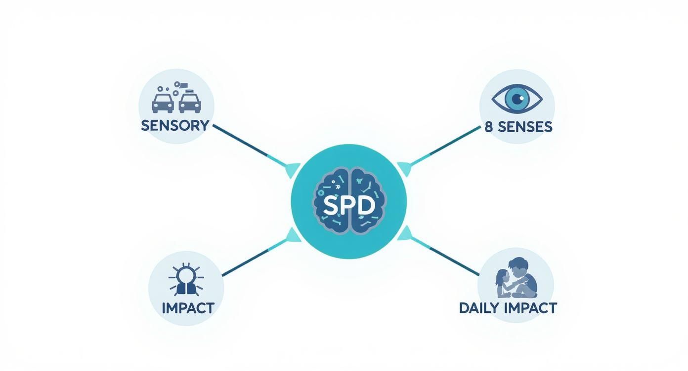 SPD diagram showing sensory, eight senses, impact, and daily impact connected to brain illustration