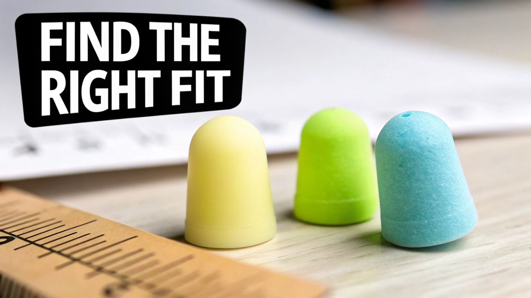 Three colorful earplugs in yellow, green, and blue, next to a ruler, with 'FIND THE RIGHT FIT' text.