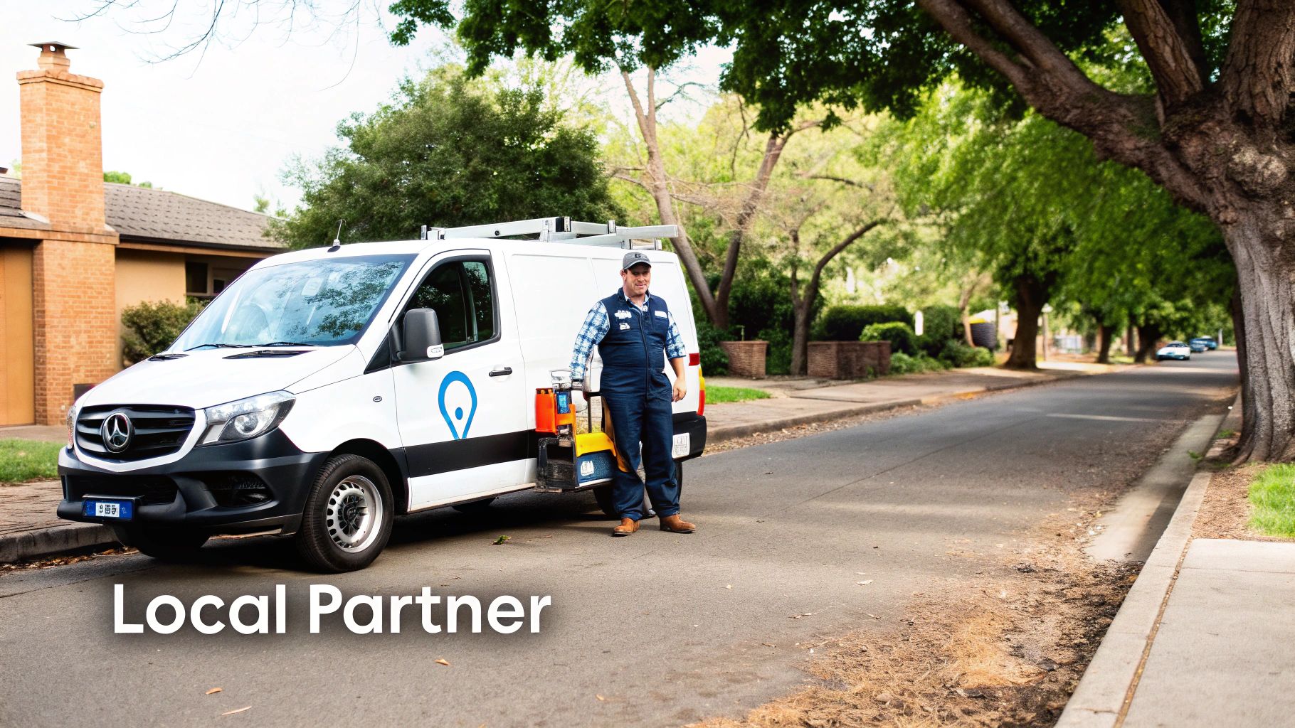 A male service technician stands proudly next to his white commercial van parked on a suburban street.