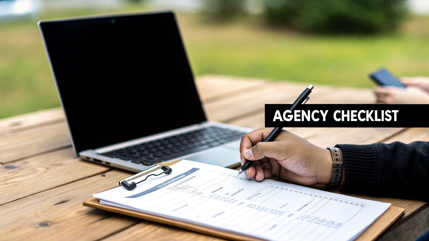 A person's hand writes on an agency checklist document with a pen, next to a laptop on a wooden outdoor table.