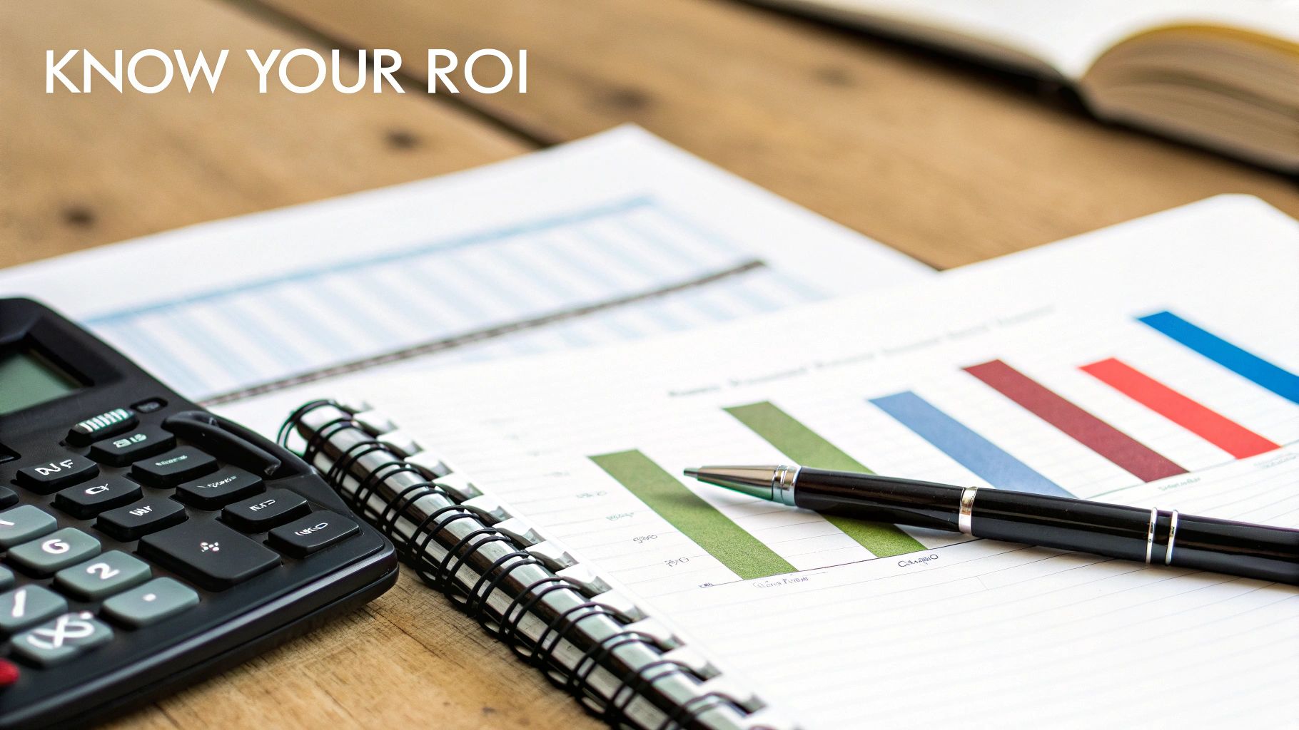 A calculator and charts on a desk, representing financial planning for Google Ads.