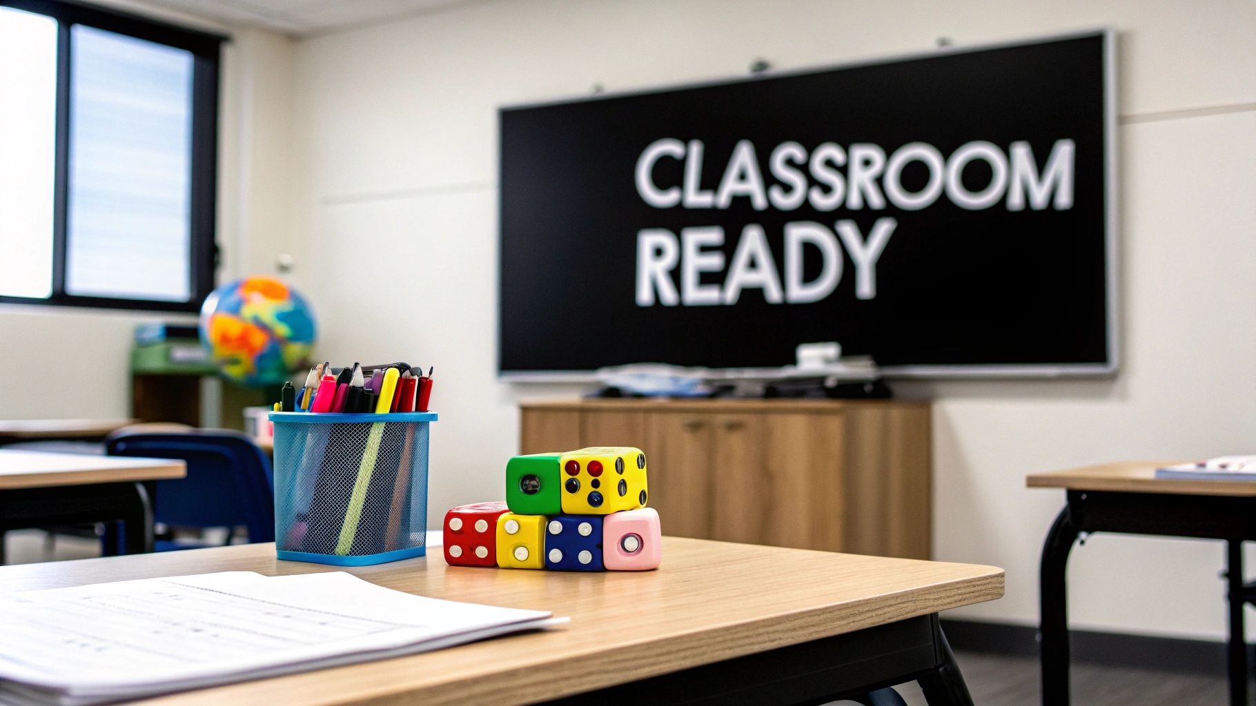 A classroom desk with a pen holder, colorful fidget toys, and a screen showing 'CLASSROOM READY'.
