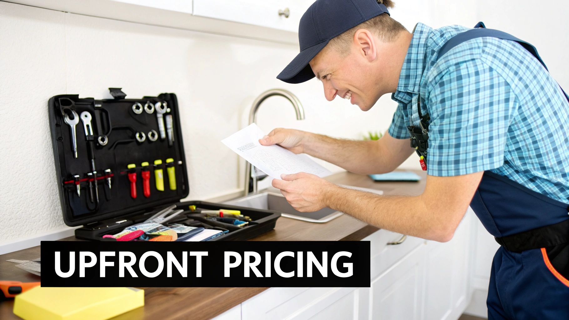 Smiling plumber reviews a document in a kitchen, next to his open toolkit, representing upfront pricing.
